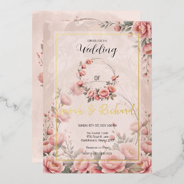 Invitation En Aluminium Plush Peach Pink Secret Jardin Floral Mariage (Recto/Verso)