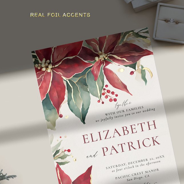 Invitation En Aluminium Poinsettia Elegant Mariage d'or d'hiver de Noël (winter wedding invitation modern christmas watercolor poinsettia elegant rustic bohemian gold foil)