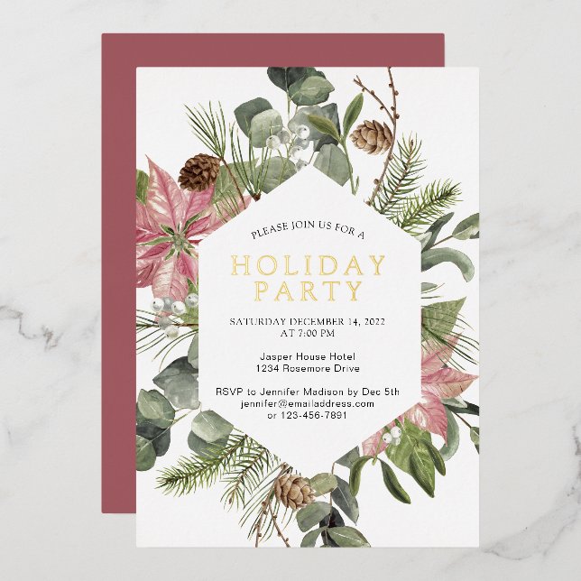 Invitation En Aluminium Poinsettia Verdure Wreath Holiday Party Gold (Recto/Verso)