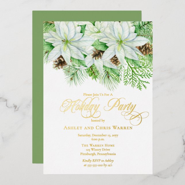 Invitation En Aluminium Poinsettias blanches | Pinecones Pine Fête F (Recto/Verso)