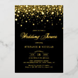 Invitation En Aluminium Points Confetti Noir et Or Wedding shower<br><div class="desc">Invités Invitations avec cette invitation personnalisable wedding shower de feuille d'or. Il comporte des points de confetti en feuille d'or et un élégant script avec un arrière - plan noir. Personnalisez cette invitation de wedding shower à pression de feuille en ajoutant des noms, des dates, des heures et d'autres détails...</div>