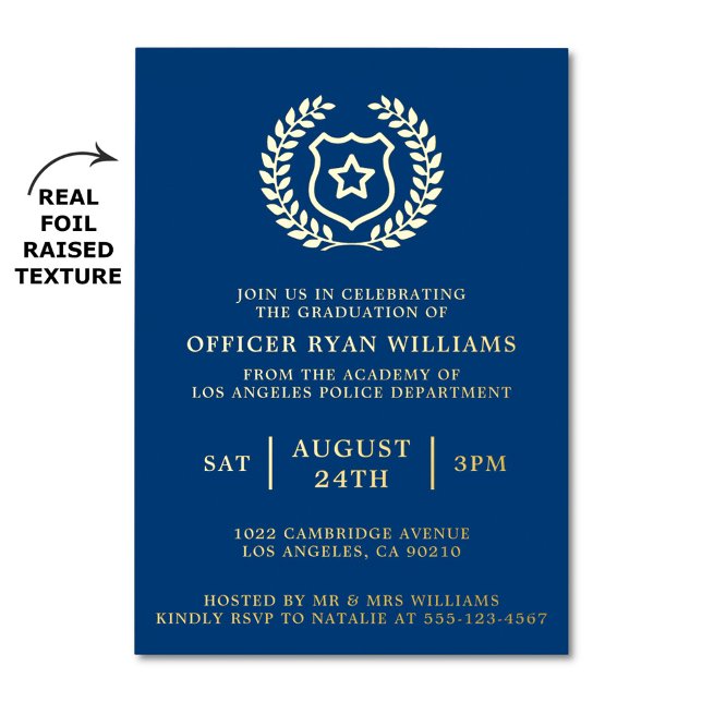 Invitation En Aluminium Police Graduation Party Officier de la Marine Badg (A police graduation party invitation featuring a real foil raised texture)