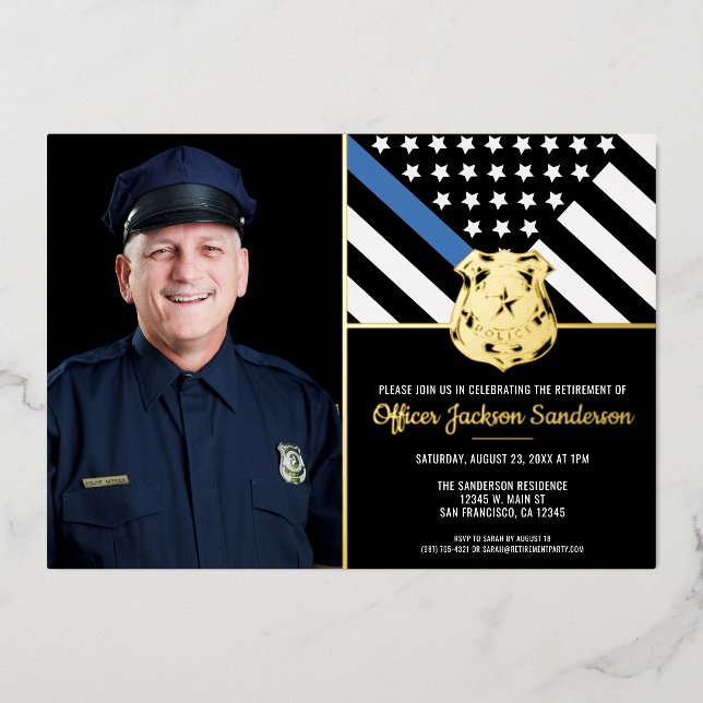 Invitation En Aluminium Police Mince Ligne Bleue Retraite photo (Recto)