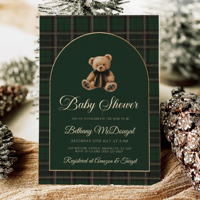 Invitation En Aluminium Polo Teddy Bear Tartan Preppy Baby shower (polo bear invitation, green tartan baby shower, preppy baby shower, foil invitation, classic baby sh)