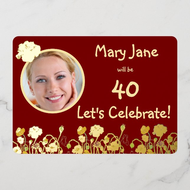 Invitation En Aluminium Poppy sauvage rouge et or profond 40e anniversaire (Recto)