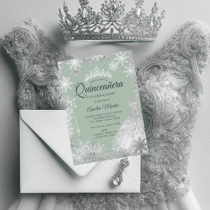Invitation En Aluminium Poussière d'Argent Vert Hiver Flocon de Neige Quin