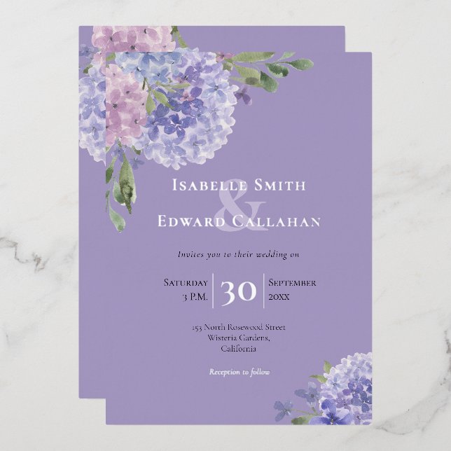 Invitation En Aluminium Poussière Romantique Bleu & Hydrangeas Aquarelle L (Recto/Verso)