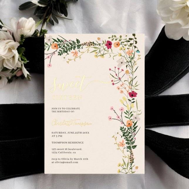 Invitation En Aluminium prairie bohème fleurs sauvages printemps doux 16 (Bohemian meadow wild flowers spring sweet 16 foil invitation)