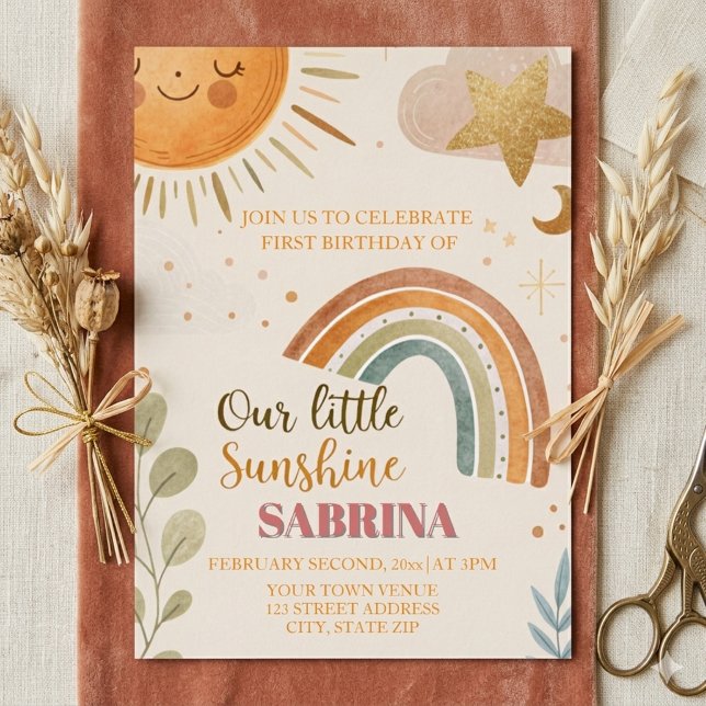 Invitation En Aluminium Premier anniversaire soleil et arc-en-ciel Boho  (Créateur téléchargé)