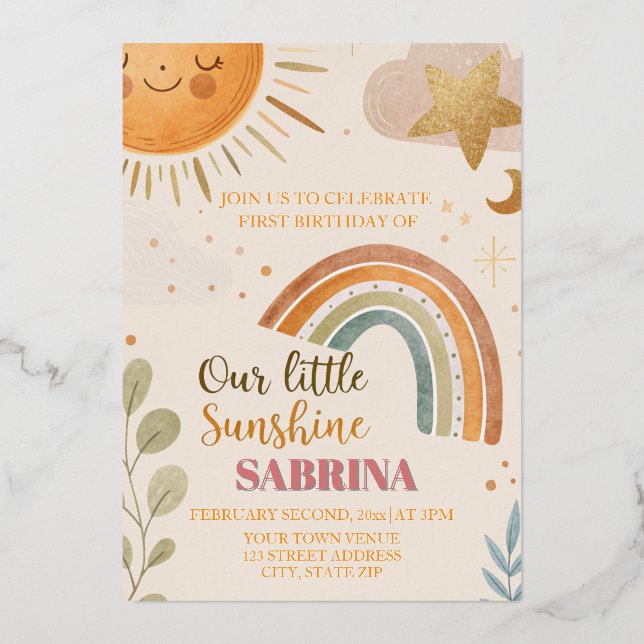 Invitation En Aluminium Premier anniversaire Sun et Rainbow Boho (Recto)