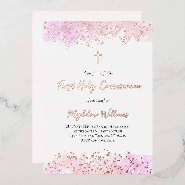 Invitation En Aluminium première communion aquarelle rose (Recto/Verso)