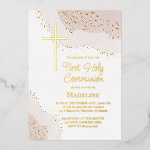Invitation En Aluminium Première communion beige rose foncé aquarelle