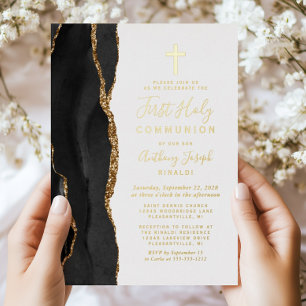 Invitation En Aluminium Première communion Black Gold Agate
