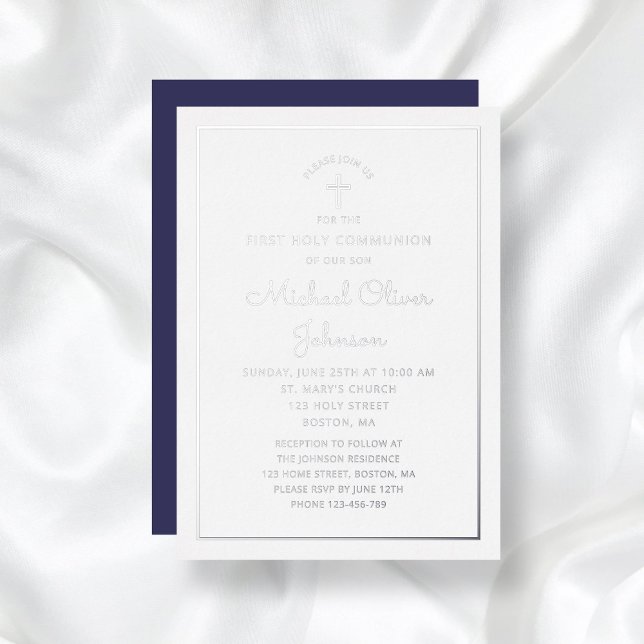 Invitation En Aluminium Première communion bleu marine écriture argent élé (Elegant Silver Script Navy Blue First Communion Foil Invitation)