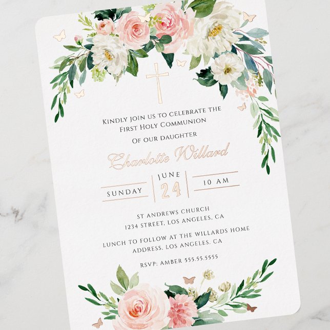 Invitation En Aluminium Première communion de la Croix d'or du Rose de la  (Créateur téléchargé)
