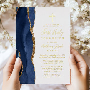 Invitation En Aluminium Première communion élégante bleu marine agate
