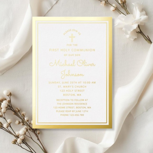 Invitation En Aluminium Première communion élégante en écriture dorée  (Elegant Gold Script First Communion Foil Invitation)