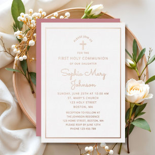 Invitation En Aluminium Première communion élégante rose or feuille script