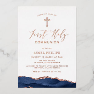 Invitation En Aluminium première communion en écriture agate bleue