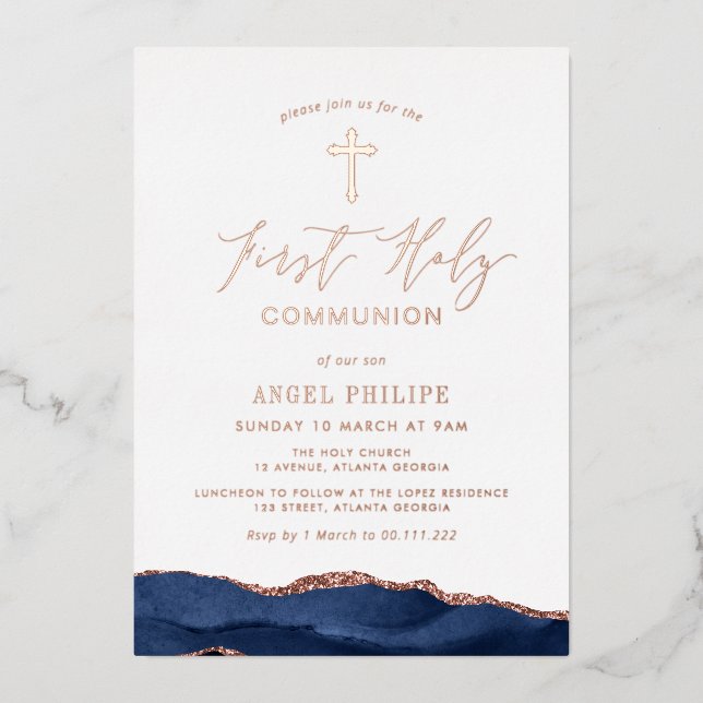 Invitation En Aluminium première communion en écriture agate bleue (Recto)
