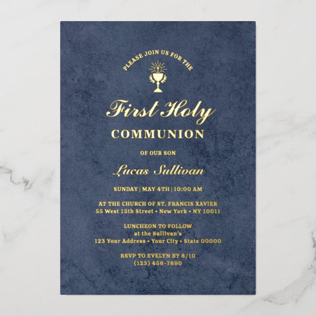 Invitation En Aluminium Première communion en marbre de velours bleu (Recto)