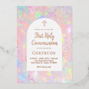 Invitation En Aluminium première communion en opale rose