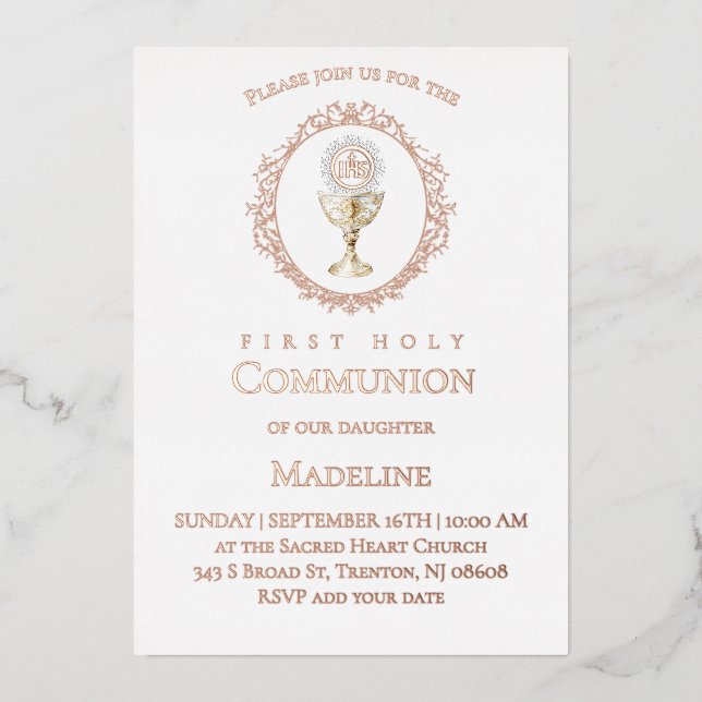 Invitation En Aluminium Première communion Eucharistie or rose (Recto)