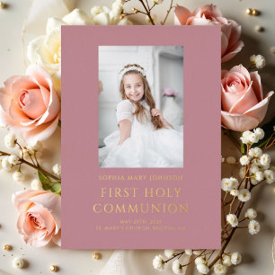 Invitation En Aluminium Première communion fille élégante photo rose feuil