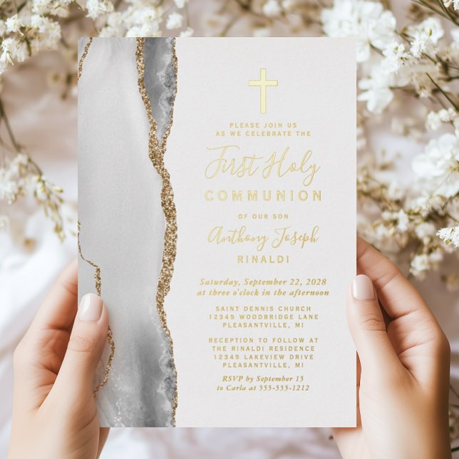 Invitation En Aluminium Première communion grise blanche or agate (Créateur téléchargé)