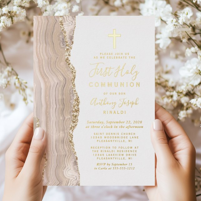 Invitation En Aluminium Première communion Ivory Gold Agate (Créateur téléchargé)