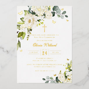 Invitation En Aluminium Première communion papillon floral ivoire or