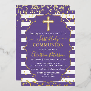 Invitation En Aluminium Première communion rayures lavande violet or métal