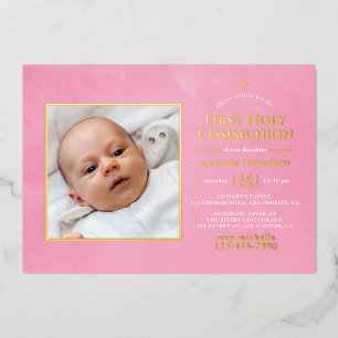 Invitation En Aluminium Première communion rose et or