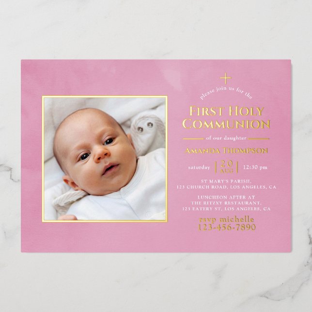 Invitation En Aluminium Première communion rose et or (Recto)