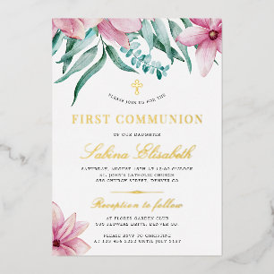Invitation En Aluminium Première communion sainte florale rose élégante or