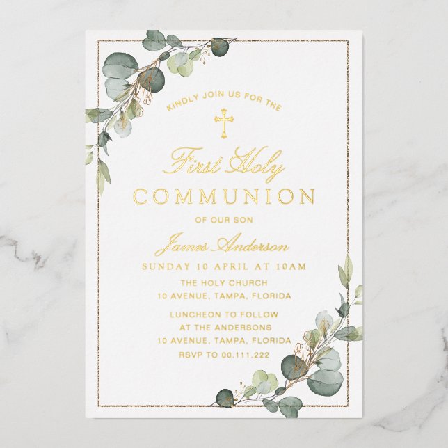 Invitation En Aluminium première communion verte dorée  (Recto)