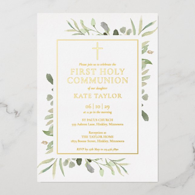 Invitation En Aluminium Première communion verte or (Recto)