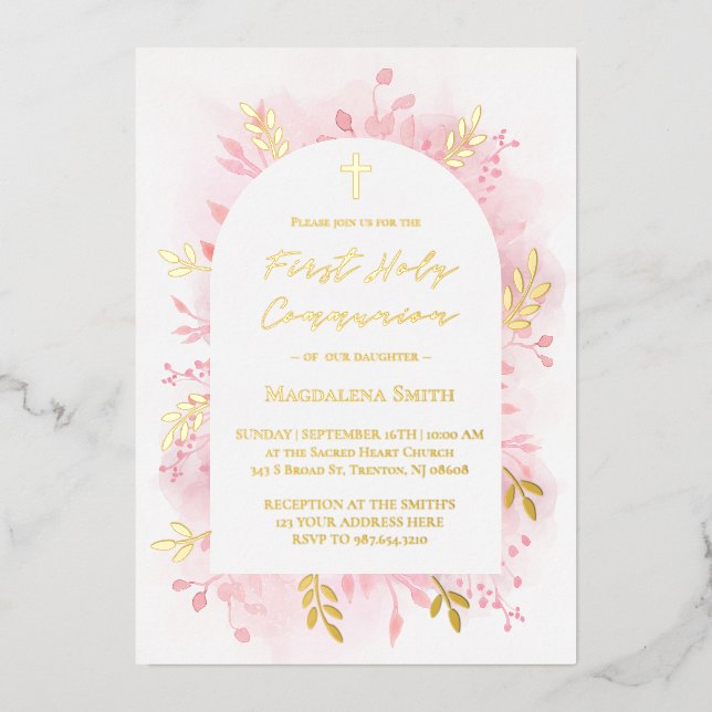 Invitation En Aluminium Première couleur rose de la Communion (Recto)