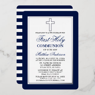 Invitation En Aluminium Première Sainte Communion Bleu Stripes Cadre Argen