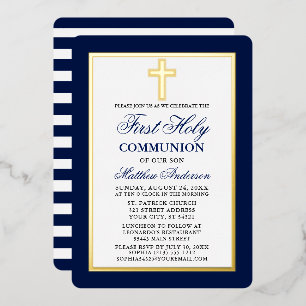 Invitation En Aluminium Première Sainte Communion Croix Bleu Stripes Gold 