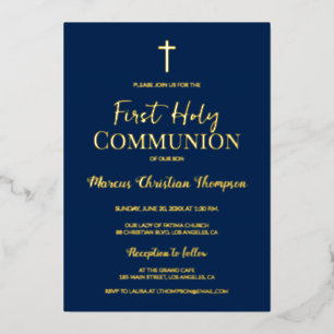 Invitation En Aluminium Première sainte communion croix dorée bleue modern