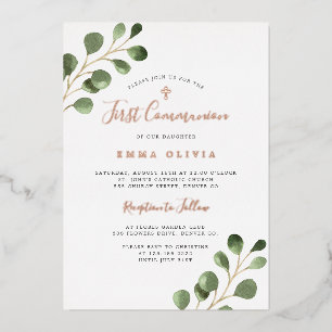 Invitation En Aluminium Première Sainte Communion eucalyptus élégant or ro
