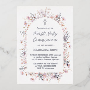 Invitation En Aluminium Première Sainte Communion fleurs sauvages argent