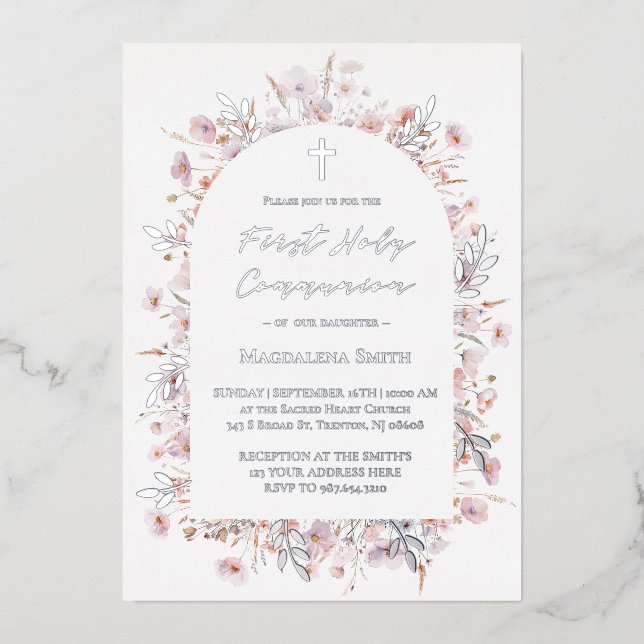 Invitation En Aluminium Première Sainte Communion fleurs sauvages argent (Recto)