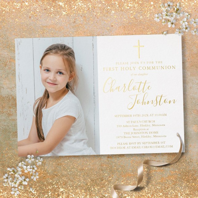 Invitation En Aluminium Première Sainte Communion Golden Script Photo (First Holy Communion Golden Script Photo Foil Invitation)