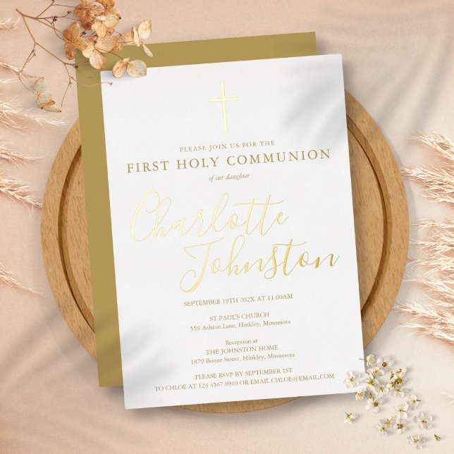 Invitation En Aluminium Première Sainte Communion Signature Script Or (Signature Script Gold First Holy Communion Foil Invitation)