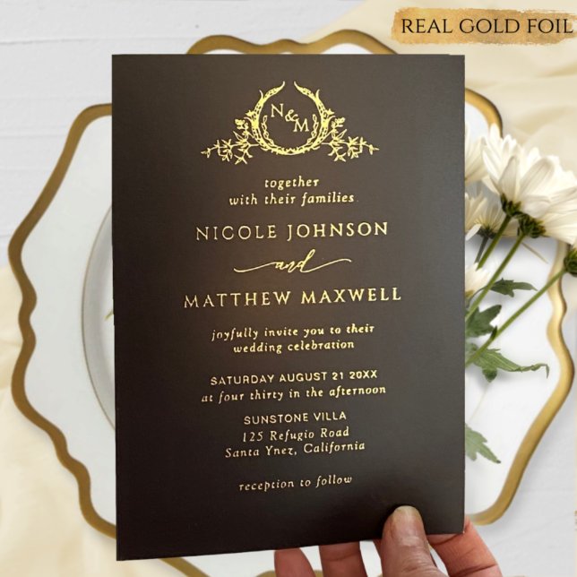 Invitation En Aluminium Premium Real Gold Elegant Monogramme Mariage noir (Créateur téléchargé)