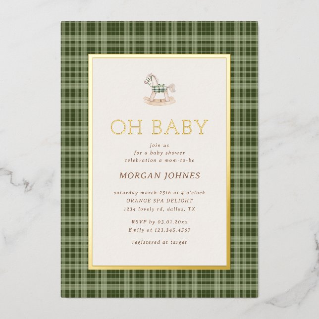 Invitation En Aluminium Preppy Plaid Rocking Horse Baby Shower (Recto)
