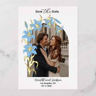 Invitation En Aluminium Pretty Blue Lily Floral Gold Foil Save The Date