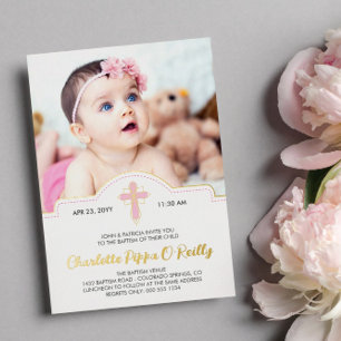 Invitation En Aluminium Pretty Pink Cross Script Photo Girl Baptism Foil